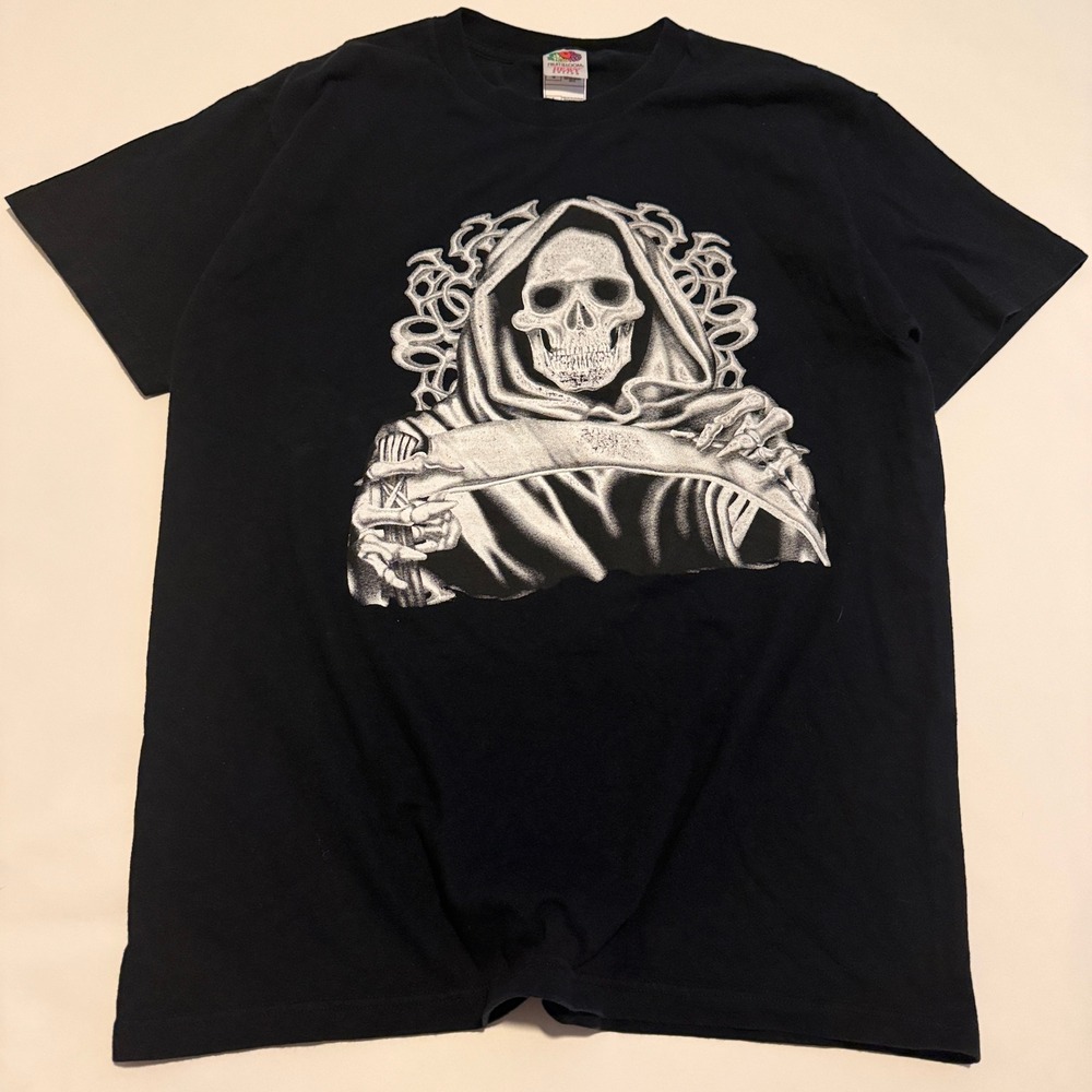 Fruit of the Loom Graphic T-Shirt Mens L Black Grim Reaper Skeleton Scythe 2000s